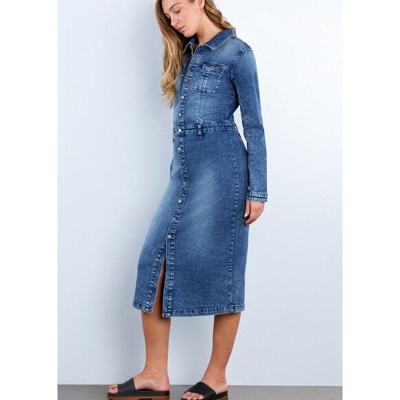 $168 Wash Lab MILLIE Long Sleeve Denim Shirt Dress | Size L -NWT - Picture 4 of 9